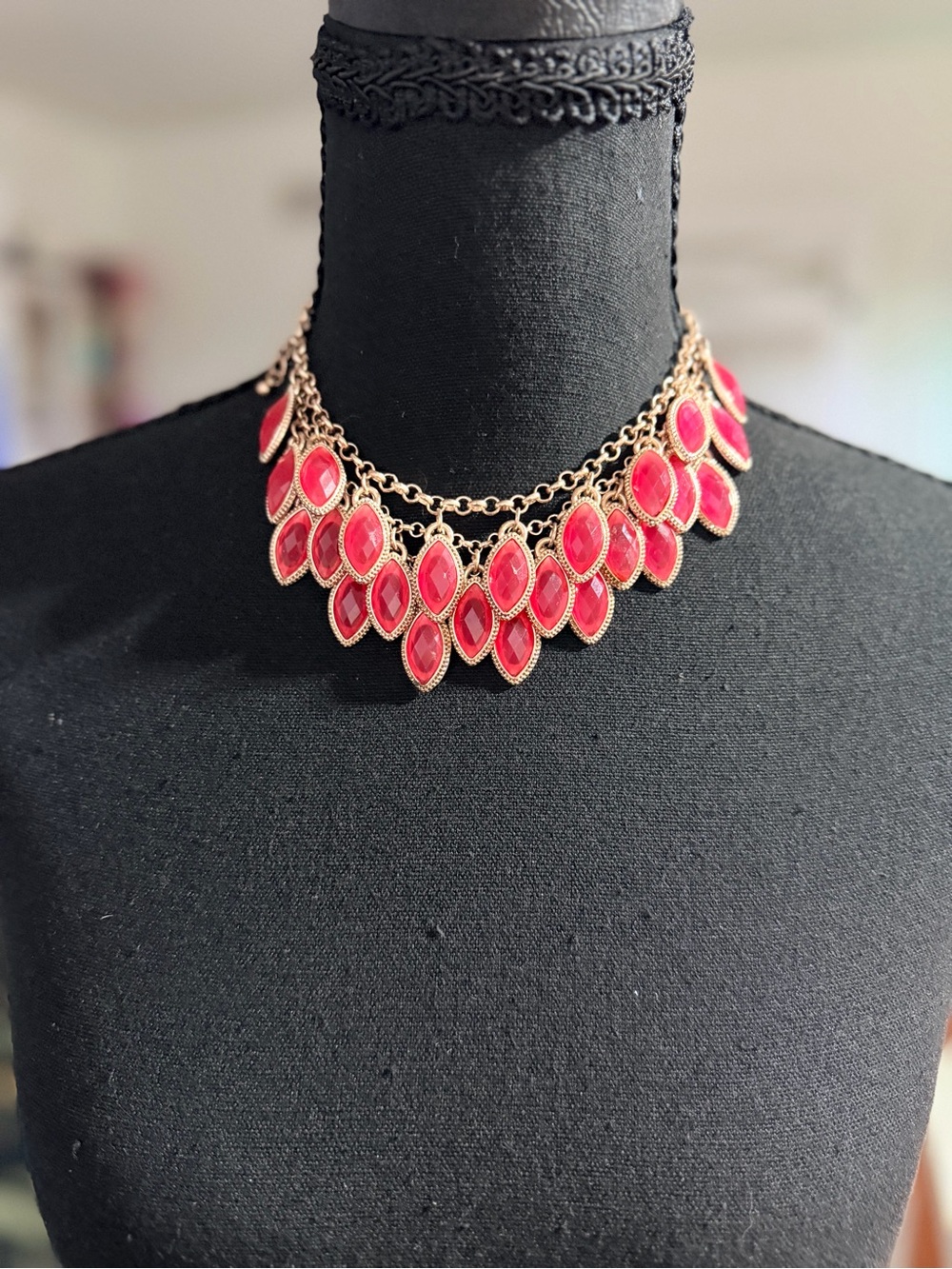 Gold Chain Statement Necklace with coral Pink Teardrop Accents
